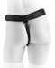 Back view of black adjustable strap-on harness on mannequin with metal buckle and Velcro O-ring holder.