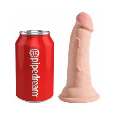 Beige King Cock Triple Density 5-inch dildo standing next to a red Pipedream branded soda can for size comparison.