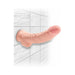 Beige 8-inch realistic dildo with suction cup base mounted on white tiled wall.