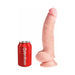 Beige realistic 8-inch dildo with veins and balls next to a red Pipedream soda can for size comparison.