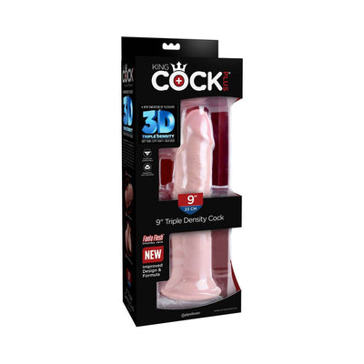 King Cock Triple Density 9 inch beige dildo in retail packaging with 3D texture and suction base visible