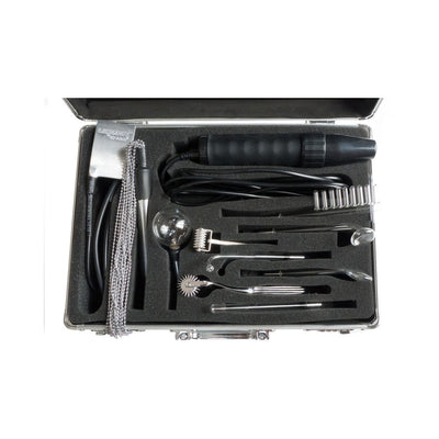 Kinklab Agent Noir Neon Wand Electrosex Kit with black wand, electrode attachments, and silver chain in a padded silver attache case.