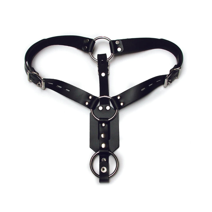 Black adjustable leather harness with metal rings and buckles designed for secure fit and plug pouch.