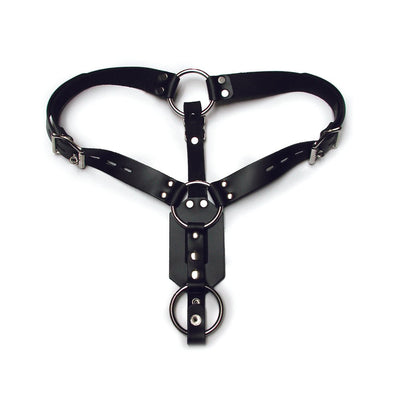 Black adjustable leather harness with metal rings and buckles designed for secure fit and plug pouch.