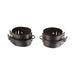 Pair of black leather ankle cuffs with metal D-rings and adjustable straps for secure restraint.