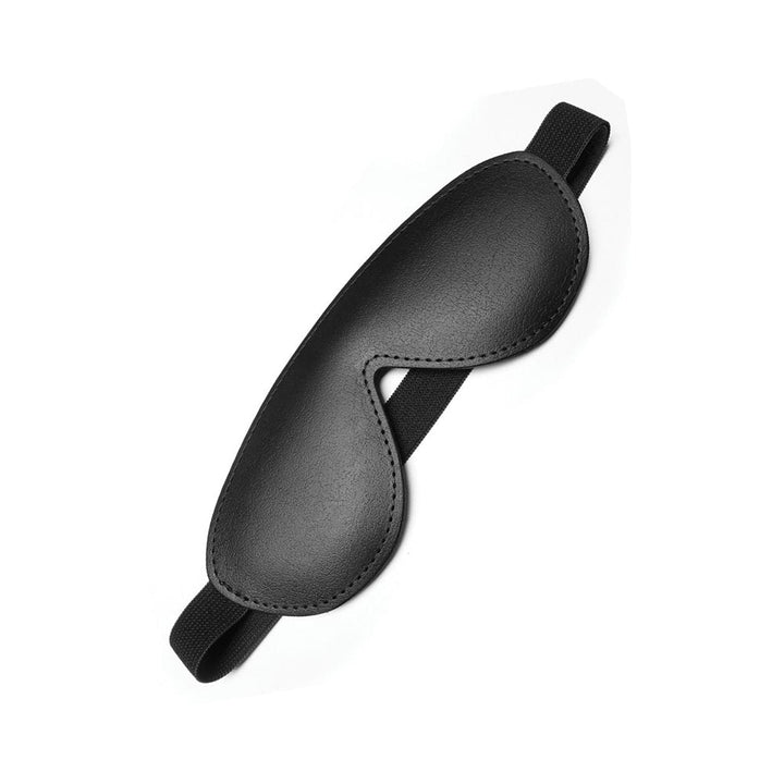 Black padded leather blindfold with contoured shape and elastic strap for comfortable sensory play.