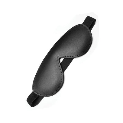 Black padded leather blindfold with contoured shape and elastic strap for comfortable sensory play.