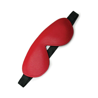 Red padded leather blindfold with black elastic strap for comfortable sensory play.