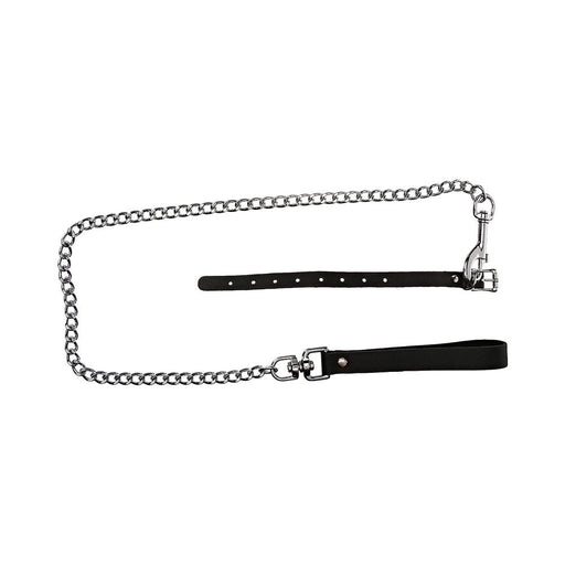 Black buckling cock ring attached to a silver chain leash with a black leather handle.