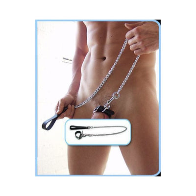 Man wearing a buckling cock ring attached to a sturdy metal chain leash with a leather handle.