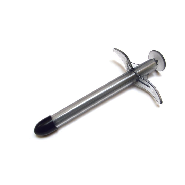 Kinklab Lube Shooter personal lube applicator in smoke color with ergonomic grip and black tip on white background.
