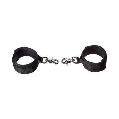 Pair of black neoprene cuffs with Velcro straps and metal swivel clips for adjustable wrist or ankle restraint.