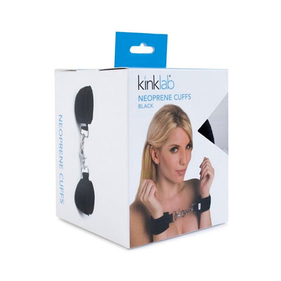 Packaging box of Kinklab Neoprene Black On Black Cuffs featuring a model wearing adjustable black neoprene wrist cuffs with metal connectors.
