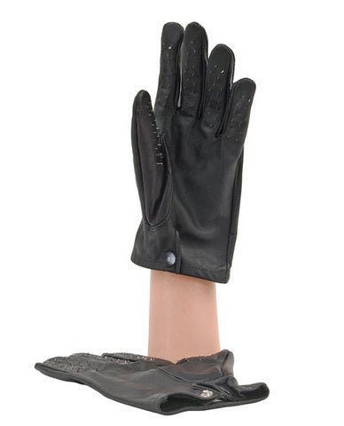 Pair of black leather gloves with metal points on palms and fingertips, designed for sensory and tactile play, medium size.