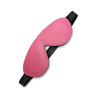 Pink leather blindfold with contoured padding and adjustable black elastic strap for a comfortable fit.