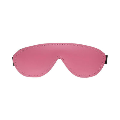 Pink leather blindfold with contoured padding and adjustable black elastic strap for a comfortable, secure fit.