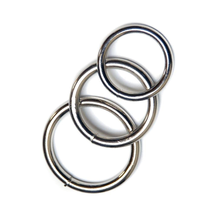 Three nickel-plated steel rings in varying sizes arranged on a white background.
