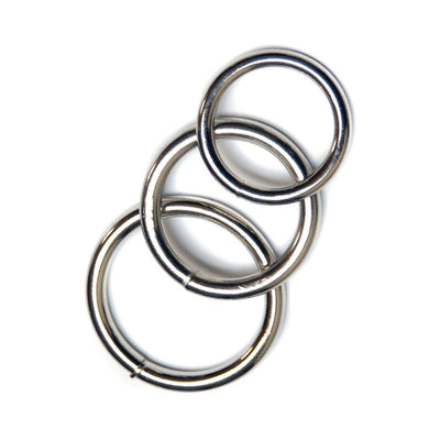 Three nickel-plated steel rings in varying sizes arranged on a white background.