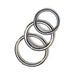 Three nickel-plated steel rings in varying sizes arranged on a white background.