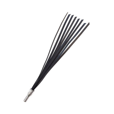 Black silicone rubber electro flogger attachment with eight tails and a clear connector tip.