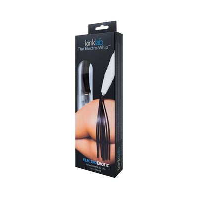Packaging of KinkLab Electro Whip Attachment with black silicone tails and white handle shown on a model's skin.
