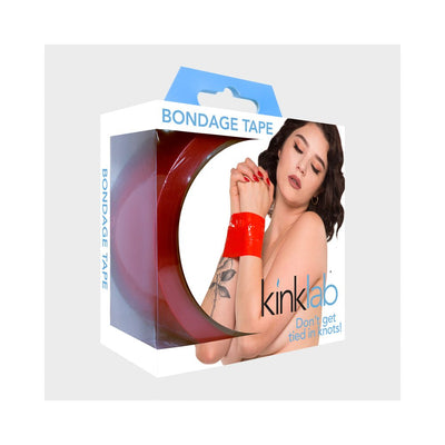 Kinklab unisex red bondage tape in packaging with image of model wearing tape on wrists and product branding.