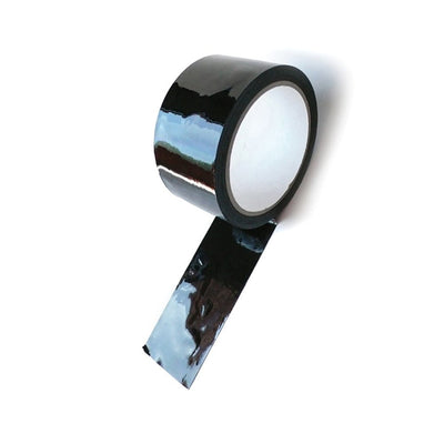 Glossy black unisex bondage tape roll with a strip partially unrolled on a white background.