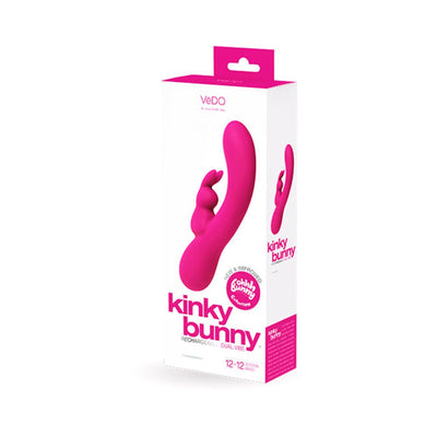 Packaging of VeDO Kinky Bunny Plus rechargeable dual vibrator in bright pink and white box.