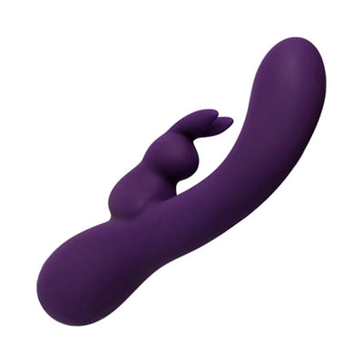 Purple silicone dual motor vibrator with curved shaft and rabbit-shaped clitoral stimulator.