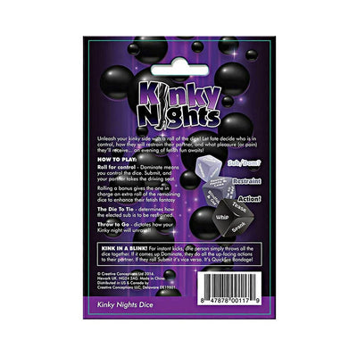 Back packaging of Kinky Night Dice game showing instructions, dice illustrations, and playful black and purple design.