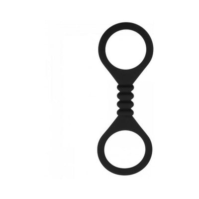 Black stretchy silicone double loop restraint for wrists or ankles with ribbed center for flexibility and comfort