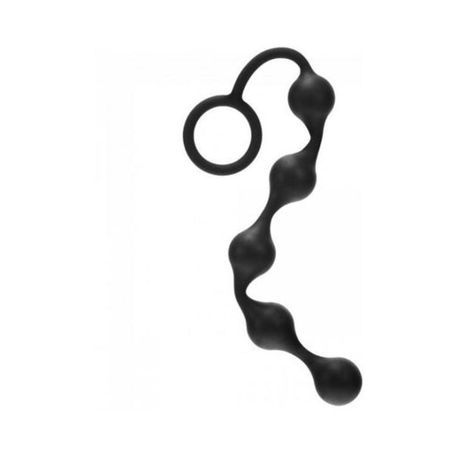 Black silicone anal beads with five graduated beads and a retrieval ring for easy removal.