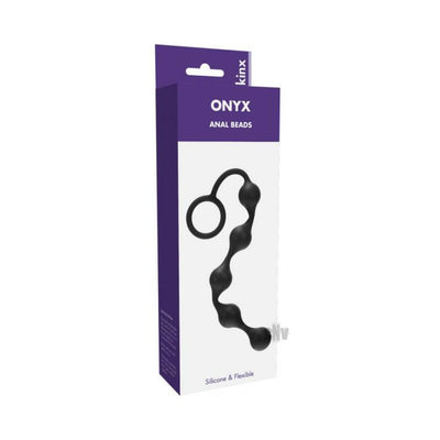 Kinx Onyx black silicone anal beads with five graduated beads and retrieval ring in purple and white packaging.