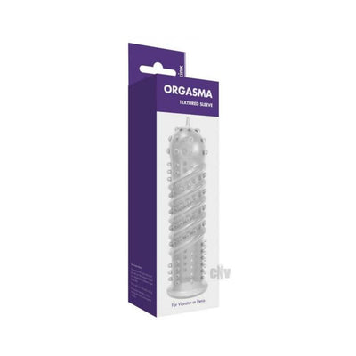 Clear textured Orgasma sleeve by Kinx with ribs, nubs, and spiral design in purple and white packaging.