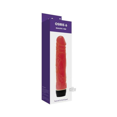 Kinx Osiris 6 realistic pink vibrator with textured shaft and black multi-speed control base in purple and white packaging.