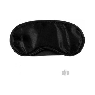 Black satin padded blindfold with contoured shape and double elastic straps for secure fit.