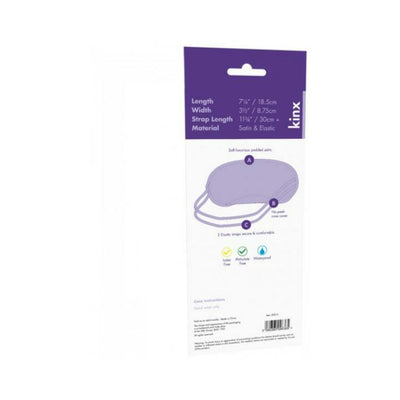 Packaging back view of Kinx Tease And Please padded black satin blindfold with product dimensions and features listed.