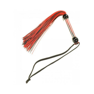 Black and red silicone flogger with slender tails and a clear handle with wrist strap.