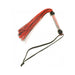 Black and red silicone flogger with slender tails and a clear handle with wrist strap.