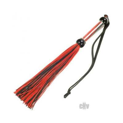 Black and red silicone flogger with slender tails and a clear handle with wrist strap.