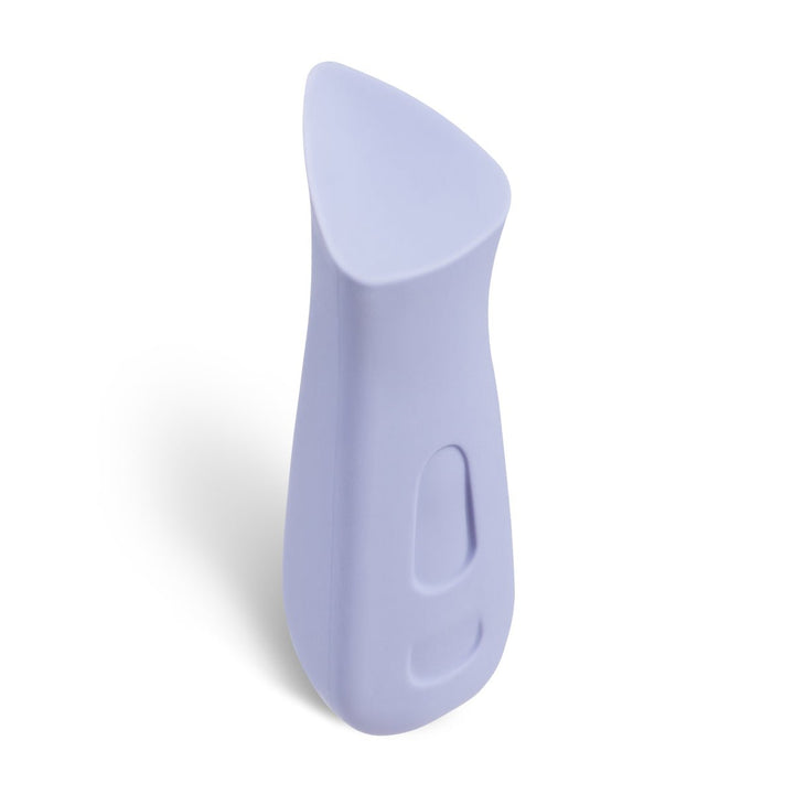 Lavender ergonomic vibrator with a soft silicone finish and a curved, prism-shaped design for targeted stimulation.