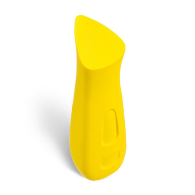 Compact yellow ergonomic vibrator with a curved tip and soft silicone finish for targeted stimulation.
