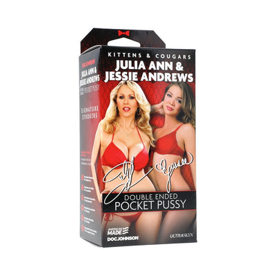 Packaging of Kittens & Cougars double-ended pocket stroker featuring Julia Ann and Jessie Andrews in red lingerie.