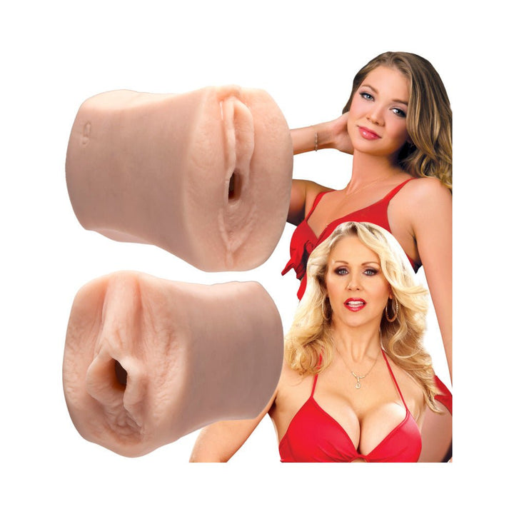 Dual-ended ULTRASKYN stroker featuring lifelike designs inspired by Jessie Andrews and Julia Ann with their portraits in red outfits.