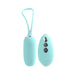 Turquoise VeDO KIWI rechargeable silicone insertable bullet with matching remote control on white background.