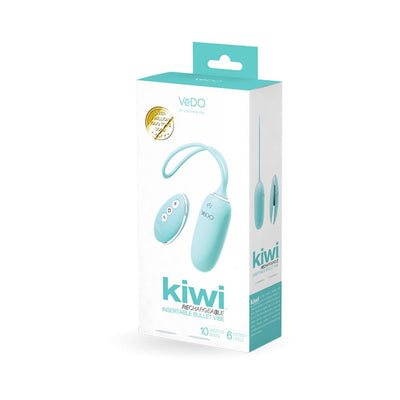 VeDO KIWI rechargeable turquoise insertable bullet vibrator with remote control in product packaging box.