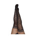 Black sheer thigh highs with large diamond pattern and striped no-slip band, size C shown on crossed legs.