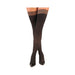Black ribbed thigh high tights with sheer striped tops worn with black pointed heels on crossed legs.