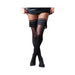 Black semi-opaque thigh-high stockings with fringe detail and stay-up silicone bands worn with a black skirt.