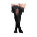 Black opaque thigh-high stockings with fringe tassel trim and stay-up silicone grip, size D modeled on legs.